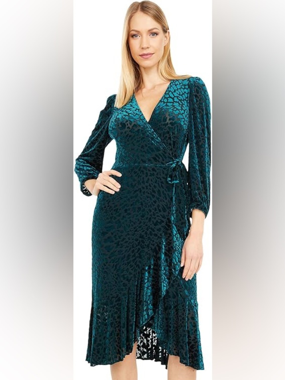 Calvin Klein Dark Green Velvet Wrap Midi Dress